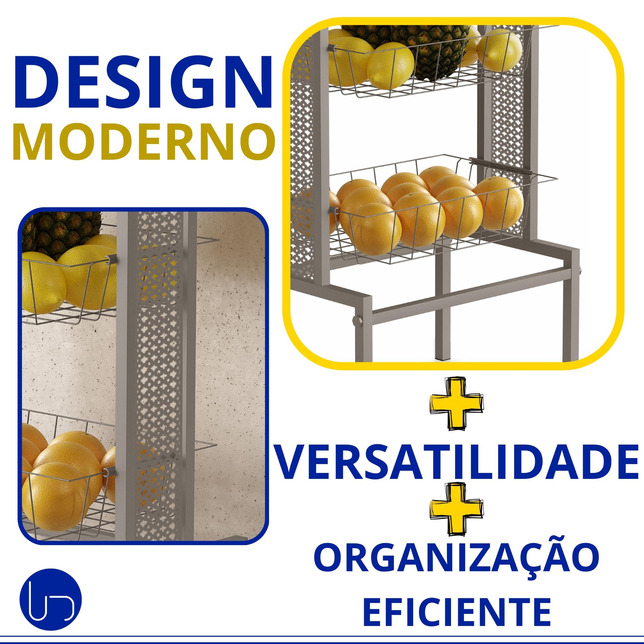 Fruteira de Chão 2 Cestos Tampo Mdf Cozinha Estilo Industrial Prática Design Moderno - Cinza - 8