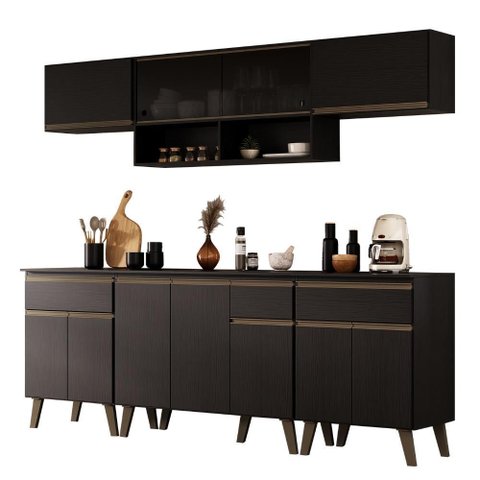 Armário de Cozinha Completa Atlanta Smart C Vidro Carraro Preto Touch