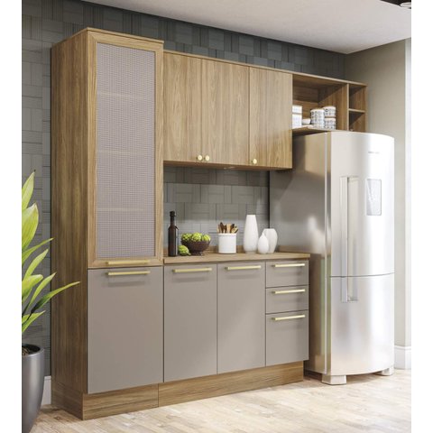 Armário de Cozinha Modulada Completa Reta 5 Peças 2,50m 234 Botanic Kappesberg - Nogueira/fendi