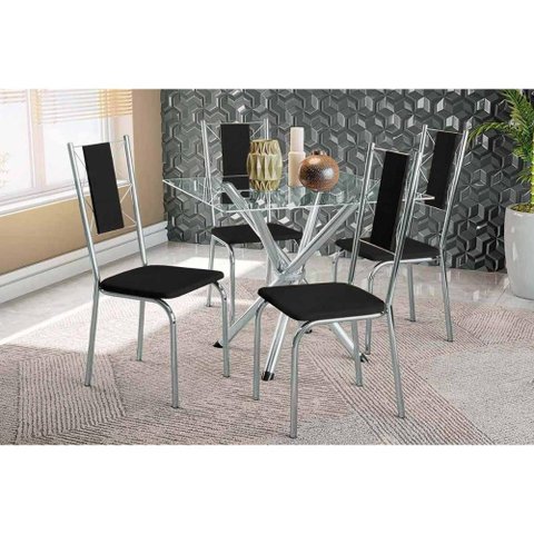 Sala de Jantar Completa Volga C/ Tampo de Vidro 90cm e 4 Cadeiras Lisboa Cromada - Courano Preto -