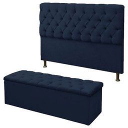 Cabeceira Mais Calçadeira Baú Casal Queen 160cm Para Cama Box Sofia Suede Azul Marinho - DS Mó - 1