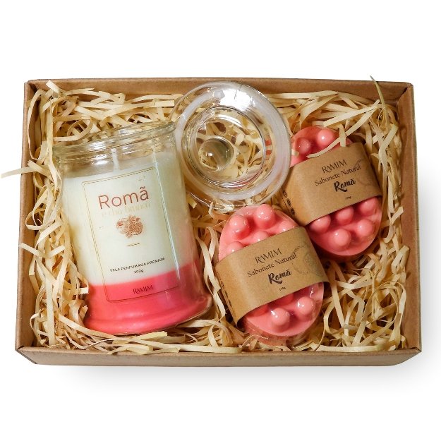 Kit Presente Vela Aromática e Sabonetes - Harmonia Romã Ramim Aromas Presente Bem-estar