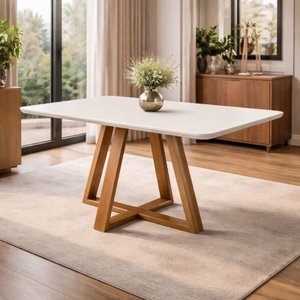 Mesa de Jantar 120x90 4 Lugares Madeira Maciça Tampo Mdfvidro Offwhite