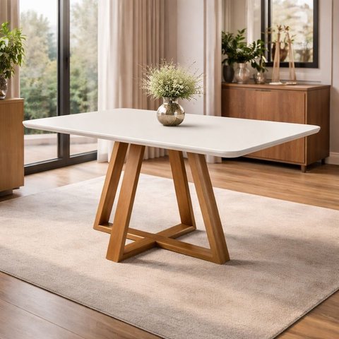 Mesa de Jantar 120x90 4 Lugares Madeira Maciça Tampo Mdfvidro Offwhite