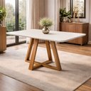 Ver imagem 1 de Mesa de Jantar 120x90 4 Lugares Madeira Maciça Tampo Mdfvidro Offwhite