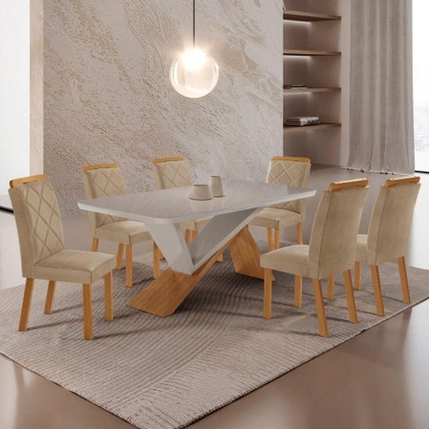 Mesa de Jantar Yasmin 180 Tampo com Vidro 6 Cadeiras Melissa Turim 07/Nat/Off/Serig. Off