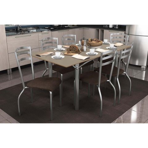 Conjunto: Mesa Sala Jantar Elba Tampo Madeirado C/ Vidro 160cm e 6 Cadeiras Portugal Cromada/freijo