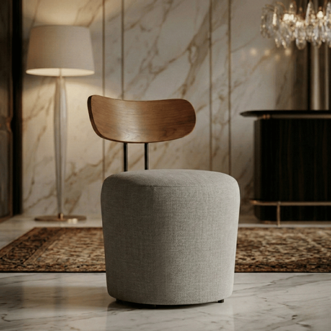 Poltrona Orgânica Luxuosa Redonda Linho Cinza Claro Encosto Madeira Design Curvo Sala Quarto Hall