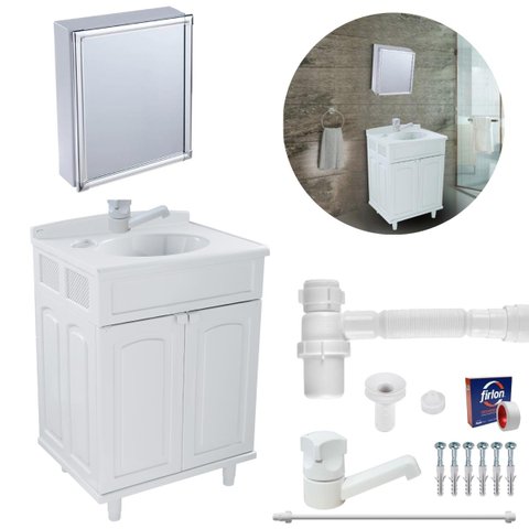 Gabinete 02 Portas para Banheiro com Lavatório + Armário + Torneira + Engate Flexível + Fita Veda Ro