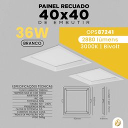 Painel Recuado de Embutir Teto Quadrado Branco Led 3000k Luz Quente 36w Bivolt 40x40 - 3