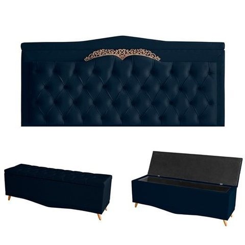 Kit Helena Cabeceira de Cama Painel e Calçadeira Baú King 195 Cm Suede Azul Marinho Eli Móveis e Dec