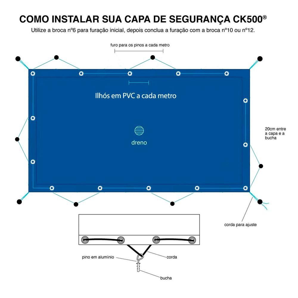 Capa de Segurança para Piscina 4x3 Metros CK500 Micras c/ Ilhós de PVC + Pinos em Alumínio + - 6