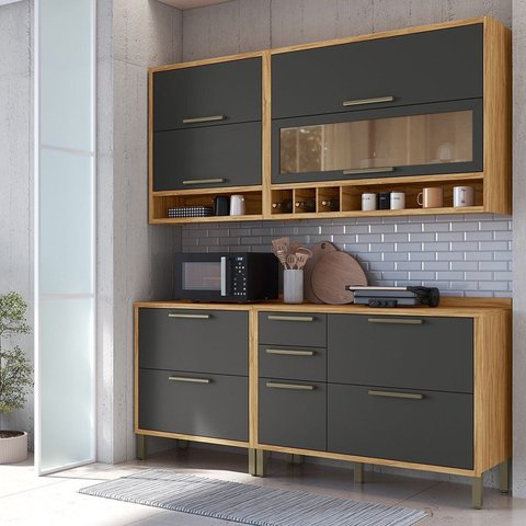 Armário de Cozinha Compacta Modulada 4 Peças 7 Portas com Vidro 200cm 100% MDF Vicenza Espresso Móveis Cinza/Amêndoa/Chumbo