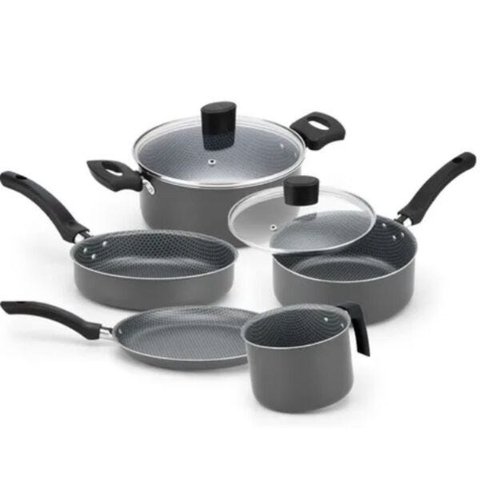 Jogo de Panelas Cinza 5 Peças Antiaderente Tampa de Vidro Alegrette