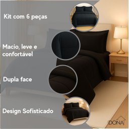 Jogo de Cama Casal 6 Peças com Edredom e Lençol Preto Casa Dona - 5
