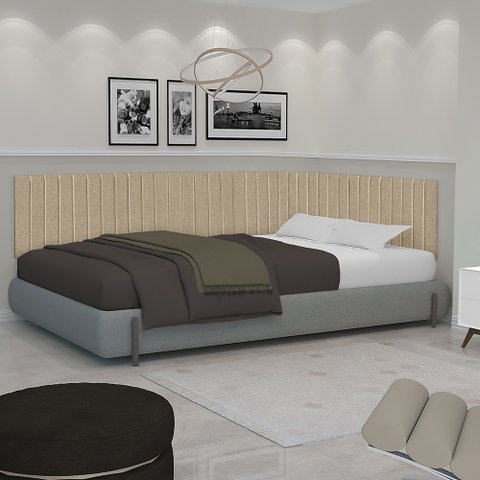 Conjunto de Cabeceira Viuva Solteirão Palito Estofado Suspensa com Proteção Lateral - 128 Cm - Palha