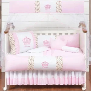 Kit Berço Recém Nascido 12 Peças Saia Box Coroa Rosa Claro