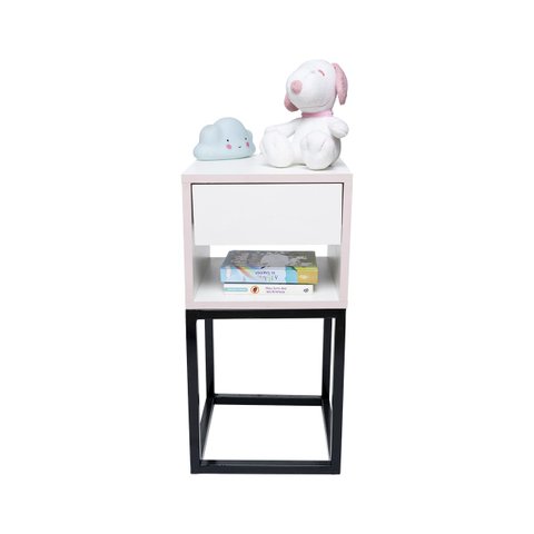 Mesa de Cabeceira Branca 30cm Industrial Quarto Infantil Rosa Menina Base Metal Preta