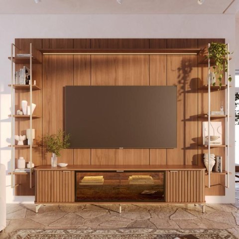 Estante para TV Home Theater 85" MDF 291cm 10 Prateleiras Vidro Reflecta com LED Neon Float Canella