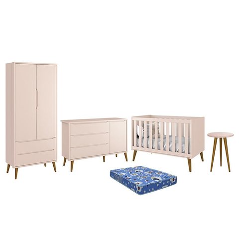 Dormitório Infantil Theo Retrô 2 Portas, Cômoda 1 Porta, Berço, Mesa de Apoio Rosa com Pés Amadeirad