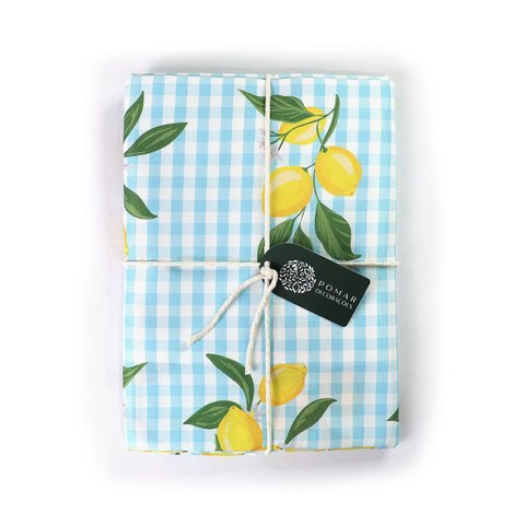 Toalha Redonda Dolce Limone - Xadrez Vichy Azul Claro com Limão Siciliano 140cm Diâmetro