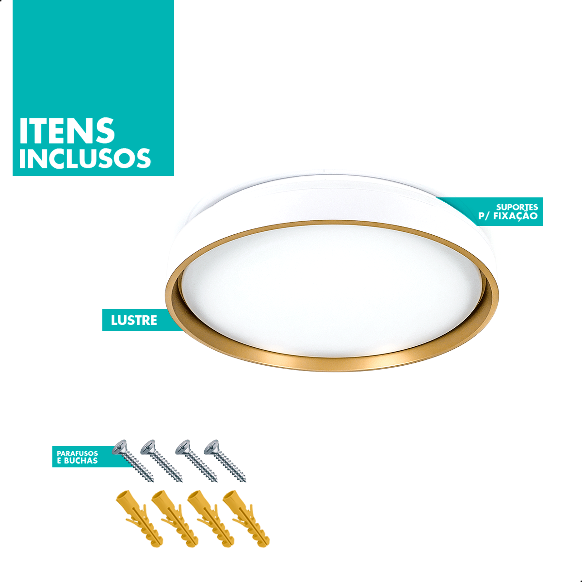 Lustre de Led Paflon Redondo Branco com Dourado 3000k - 9