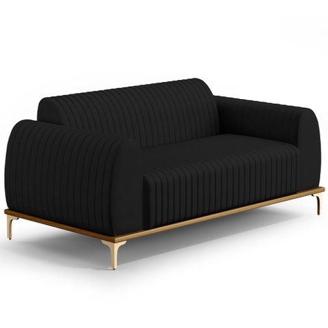 Sofá 3 Lugares para Sala de Estar Molino 210 Cm D02 Pés D'ouro Veludo Preto C-300 - Lyam Decor