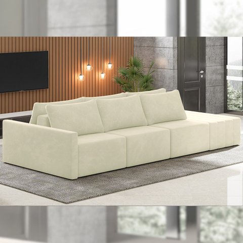 Sofá Ilha Modulado Milos 312cm Puff Lateral Veludo Bege G33 - Gran Belo