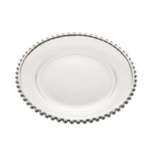 Prato Raso Em Cristal Wolff Pearl Branco Borda Prateada 20cm