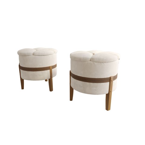 Kit 2 Puffs Pétala Decorativo Premium Apoio para Os Pés Banco Estofado Redondo Luxo Cor Bege