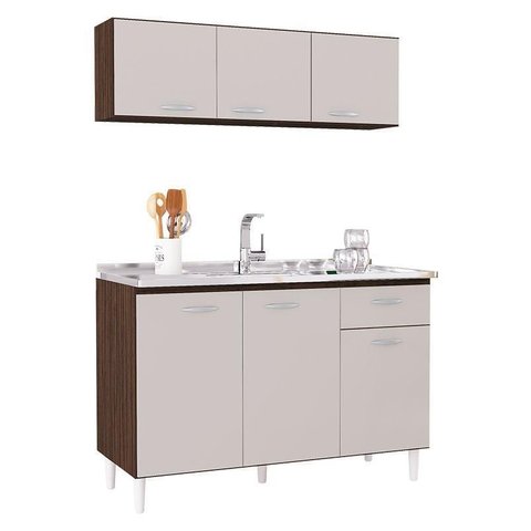 Balcão de Pia e Armário Aéreo 120 Cm Chocolate Off White – Poquema