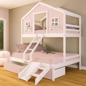 Beliche Casal/ Solteiro Casinha Sonhos 02 Gavetas Rosa Kit Escada/ Escorregador Madeira Maciça Rosa
