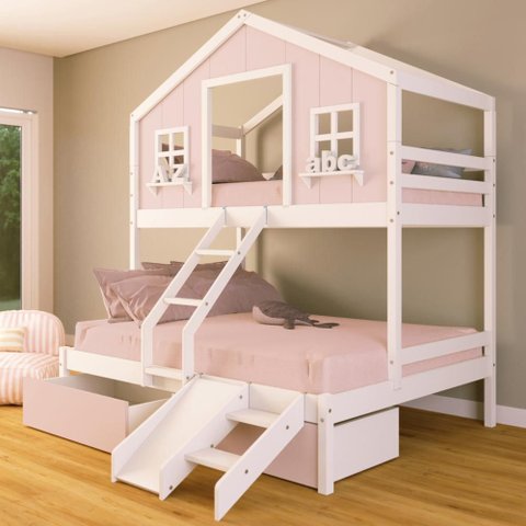 Beliche Casal/ Solteiro Casinha Sonhos 02 Gavetas Rosa Kit Escada/ Escorregador Madeira Maciça Rosa
