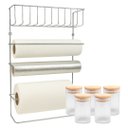 Ver imagem 1 de Suporte Organizador Aço Cromado Porta Rolos e 5 Potes Vidro Hermético Borossilicato Tampa Bambu 90ml