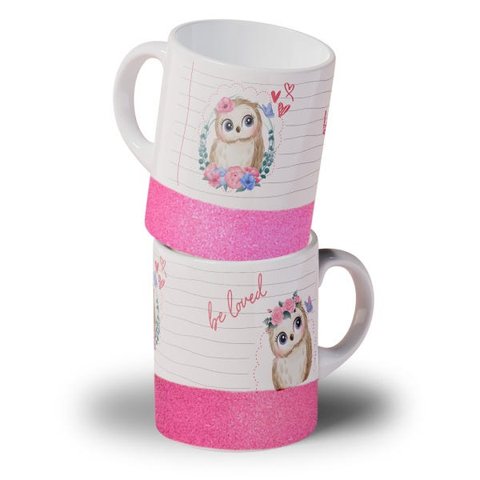 Caneca de Cerâmica com glitter rosa | Coruja Be Loved