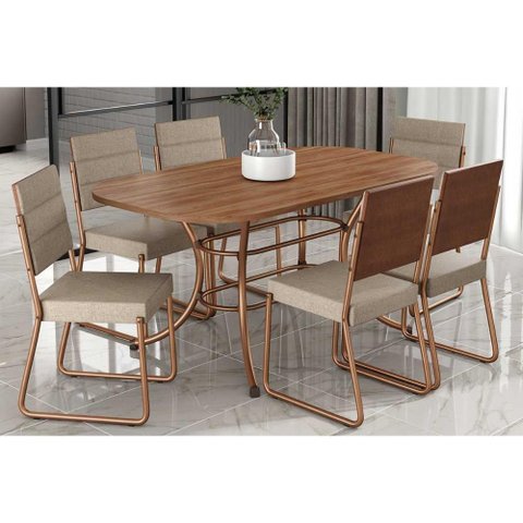 Sala de Jantar Completa 1547 Aço C/ Tampo Madeirado 160x90cm e 6 Cadeiras 1736 Freijo/rose/cobre/