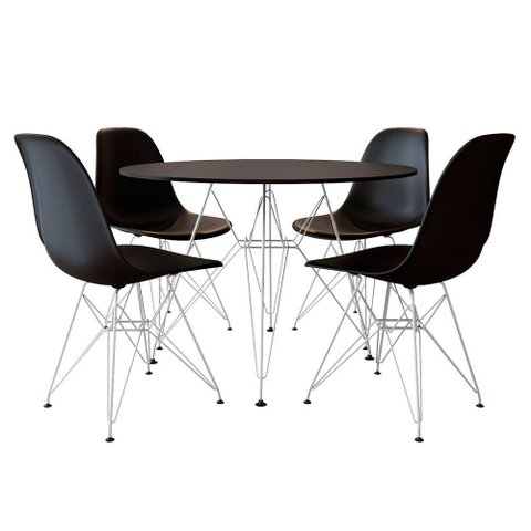 Conjunto Jantar Eames de Ferro Branco Tampo o Redondo 110cm Preto 4 Cadeiras Preta