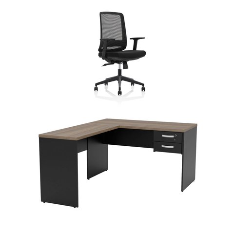Mesa de Escritório em L 120x60cm com Gaveta + Cadeira Ergonômica Reclinável