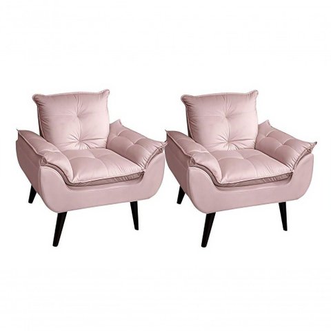 Kit 02 Poltrona Cadeira Decorativa Glamour com Pés Quadrado Rosa Veludo