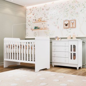 Quarto de Bebê Gabrielle Berço 3 em 1 Cômoda Infantil com Porta Branco Brilho Carolina Baby