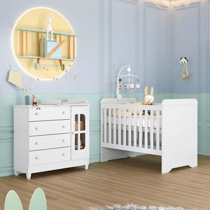 Quarto de Bebê Gabrielle Berço 3 em 1 Cômoda Infantil com Porta Branco Brilho Carolina Baby