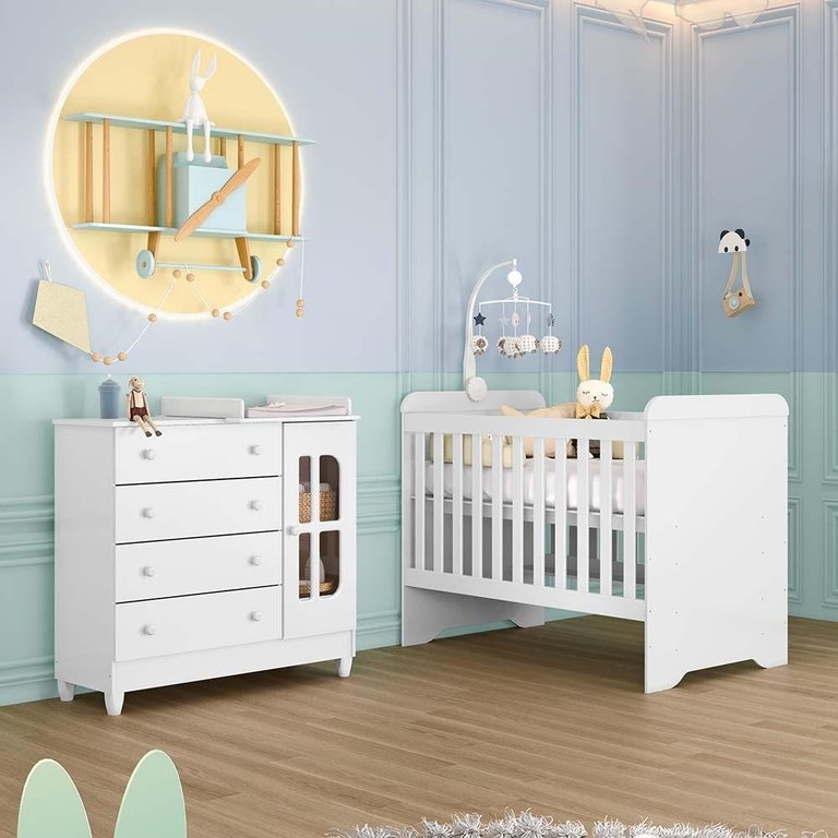 Quarto de Bebê Gabrielle Berço 3 em 1 Cômoda Infantil com Porta Branco Brilho Carolina Baby