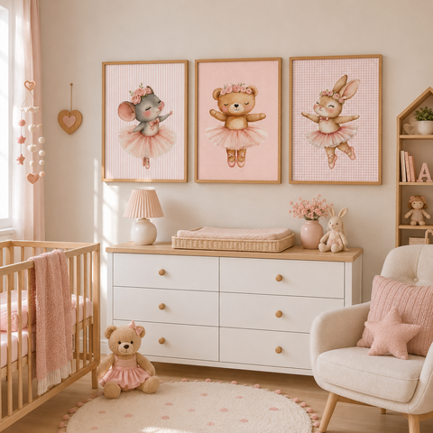 Kit 3 Quadros Decorativo Quarto Bebê Menina com Moldura - Bailarina Das Estrelas NO1