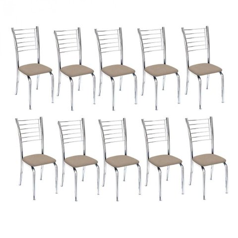 Kit 10 Cadeiras de Jantar Lara Cromada para Cozinha Suede Bege - Aurora Line