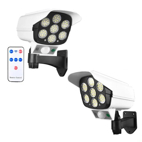 Luminaria Solar Dummy Camera Falsa Controle Sensor Presença Kit 2 Uni 77 Leds 3 funções Seguran