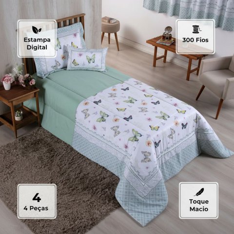 Kit Edredom Girl Solteiro Infantil 300 Fios Estampa Borboletas 4 Pçs