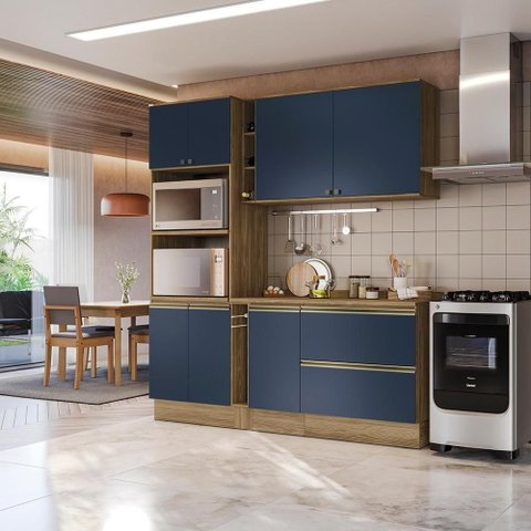 Armário de Cozinha Compacta 100% Mdf 205cm Nogueira/azul Profundo Celeste Kappesberg
