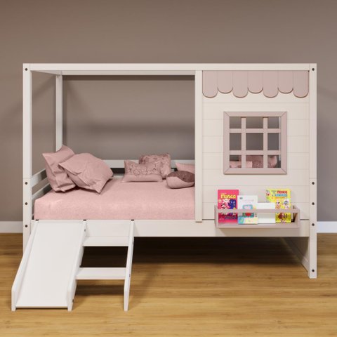 Cama Casinha Reta com Escorregador Madeira Maciça Branco/ Rosa Housin
