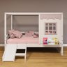 Cama Casinha Reta com Escorregador Madeira Maciça Branco/ Rosa Housin - 1