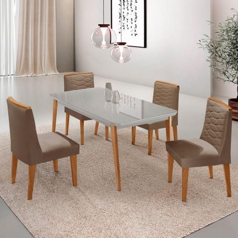 Mesa de Jantar Copper 120cm Tampo Mdf 4 Cadeiras Moderna Veludo Capuccino/off/nat/serig Off